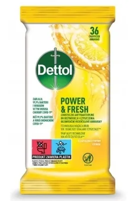 Zdjęcie produktu dla Dettol Power & Fresh Chusteczki do dezynfekcji i czyszczenia Cytryna, 36 sztuk