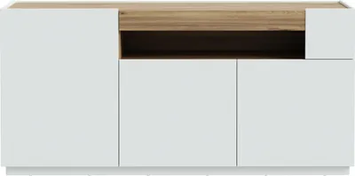 Produktbild von Forte LEWISVILLE Sideboard 180, minimalistisches Sideboard, 3-türig, offenes Fach, Holzwerkstoff, Wohnzimmer, Secret Grey | Valenica Eiche Holzdekor, 179,4 cm breit x 85,6 cm hoch x 41 cm tief
