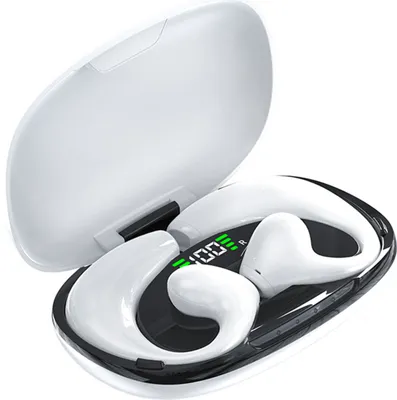 A pair of white wireless earbuds in their open charging case, with a digital display showing battery level.