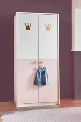 Produktbild von Kleiderschrank "Cindy2" in WEISS + ABSETZUNGEN ROSE mit 2 Türen und 4 Einlegeböden. Abmessungen (BxHxT) 95x199x58 cm
