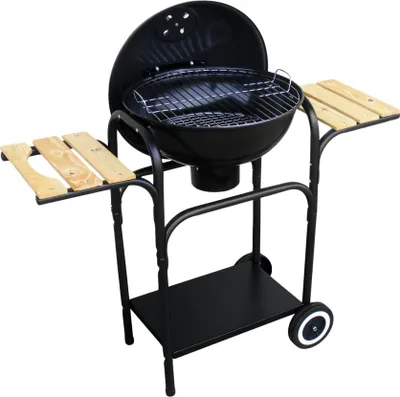 A black charcoal grill with wooden side shelves and a bottom shelf, shown on a white background.