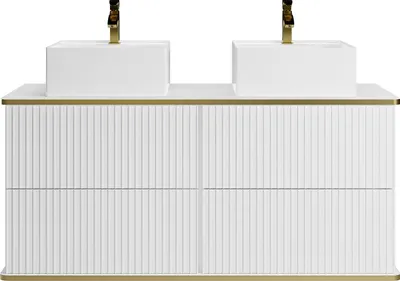 Produktbild von Hängender Badezimmerschrank mit Streifenmuster und goldenem Rand sowie doppeltem Aufsatzwaschbecken – weiß – 120 cm – KELIZA