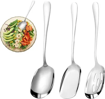 Immagine prodotto di Set di 3 cucchiai da portata in acciaio inossidabile 304 di Unyqoos®: 2 cucchiai lisci e 1 cucchiaio forato, manici da 22 cm, finitura a specchio, resistenti alla ruggine, ideali per insalate, riso e zuppe