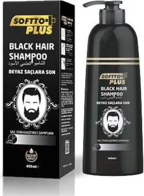 A product box and bottle of Softto+ Plus Black Hair Shampoo are displayed side-by-side against a white background.