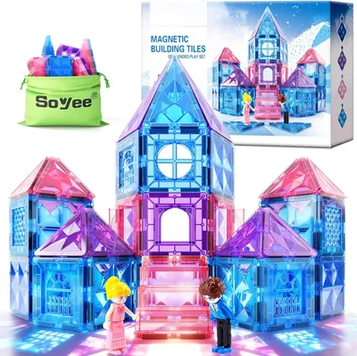 Produktbild von Magnetische Bausteine 58 Teile – STEM & Montessori Magnetspielzeug für Kinder 3–8 Jahre, Magnetische Konstruktionsbausteine mit Schloss-Set, Lernspielzeug, Bauspielzeug für Jungen & Mädchen