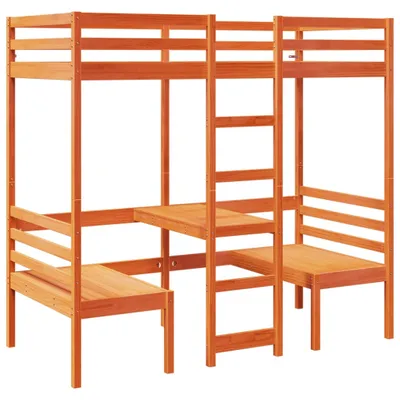 Produktbild von vidaXL Hochbett mit Schreibtisch & Stühlen Braun 75x190 cm Kiefernholz