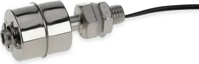 A close-up studio shot of a stainless steel float switch with a black wire extending from it, set against a white background.