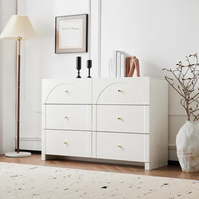Image de OKWISH Buffet 6 Tiroirs Avec Portes - Rangement Abondant pour Salon et Chambre, Protection Humidité - Blanc 120x40x82 cm