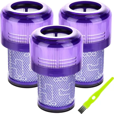 Three purple vacuum cleaner filters and a green cleaning brush on a white background.