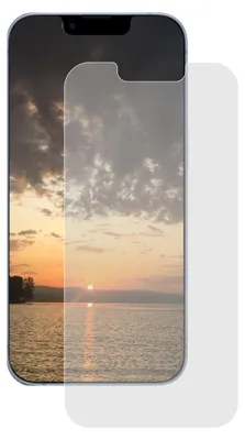 A screen protector is shown on top of a smartphone displaying a sunset over a body of water.
