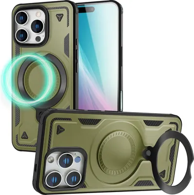 Produktbild von NALIA Magnetische Panzerhülle für iPhone 16 Pro – Ring-Halterung 360° & für MagSafe – STORMGUARD (Outdoor Case) – Marke aus Berlin – Titan Grün