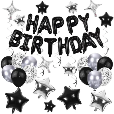 Image de Kit de décoration pour anniversaire, noir, guirlande "Joyeux anniversaire", décorations de fête, ballons