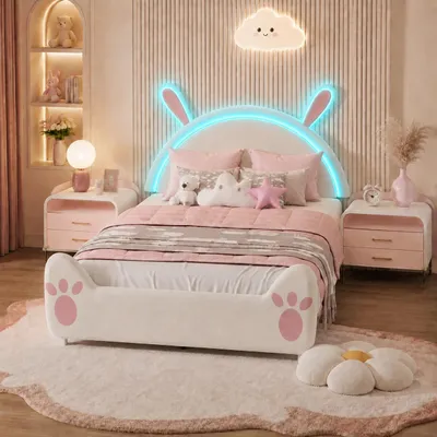 Produktbild von INONEFT Kinderbett polsterbett 140x200cm mit LED, doppelbett jugendbett mit lattenrost, samt rosa, hasenform, Prinzessin mädchenbett, funktionsbett, KI-generiertes Bild