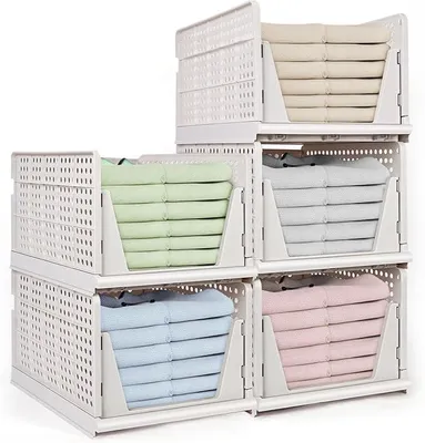 Produktbild von PolkaHome® Set von 5 extra großen stapelbaren Kleiderschrank-Aufbewahrungsboxen, faltbare Organizer, Kunststoff-Kleiderregale, Schublade,