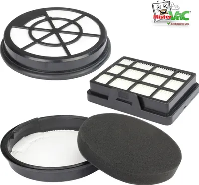 A collection of vacuum cleaner filters on a white background.