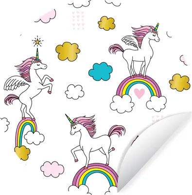 Produktbild von MuchoWow® Runde Wandtattoo - Wandsticker Tapete Aufkleber Eine Illustration von Einhörnern auf Regenbögen - Mädchen - Kinder - Kinder Ø 30 cm Selbstklebend und Repositionierbar - Wandaufkleber - Kreis - Wandbild - Fototapete - Selbstklebend - Dekoration - Wandschmuck - Schlafzimmer