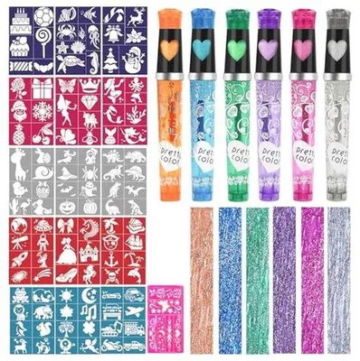 Productafbeelding van 6 Kleuren Glitter Tattoostiften voor Kinderen met 110 Tattoosjablonen