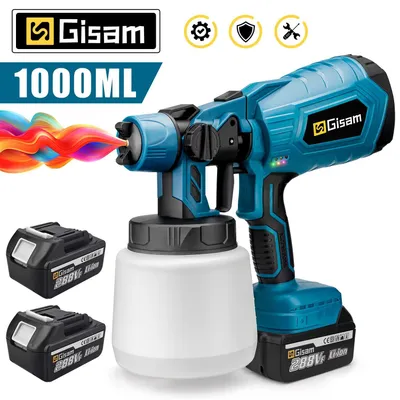 Produktbild von Gisam Akku-Farbspritzpistole HVLP, 1000ml, 210W, 18V, Blau, mit 2 Akkus und Ladegerät, kompatibel mit Makita 18V-Akkus