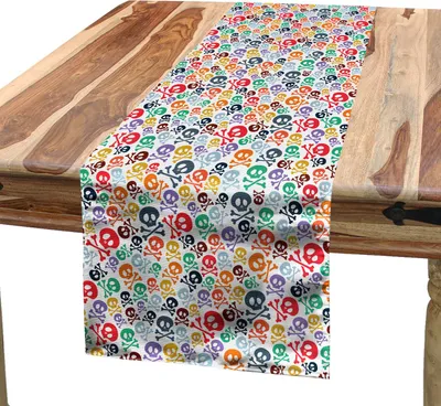 Produktbild von ABAKUHAUS Schädel Tischläufer, Halloween Themad bunte Schädel gekreuzte Knochen Funny Cartoon Style Pattern Druck, 40 x 225 cm, Mehrfarbig