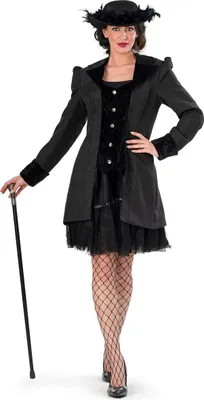 Gothic Kostüm Schwarze Barock Jacke für Damen von Vorne mit Gehstock in der rechten Hand