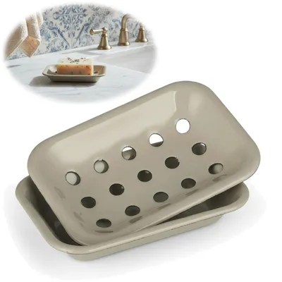 Produktbild von LS-LebenStil Emaille Seifenschale 2-tlg Beige 15cm Altum Seifenhalter Seifenablage mit Ablauf / Auffangschale Seifenteller Seifenigel