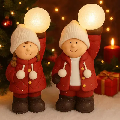 Produktbild von Weihnachtsfiguren 2er Set LED Dekofigur Weihnachten Keramik Figur Weihnachtsdeko
