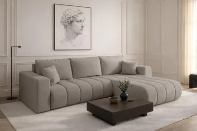 Image de Canapé d'angle avec fonction sommeil et coffre de lit MILO PREMIUM, tissu WIND, gris sable, droite