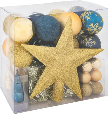A clear, well-lit studio shot of a set of Christmas ornaments in a transparent box.