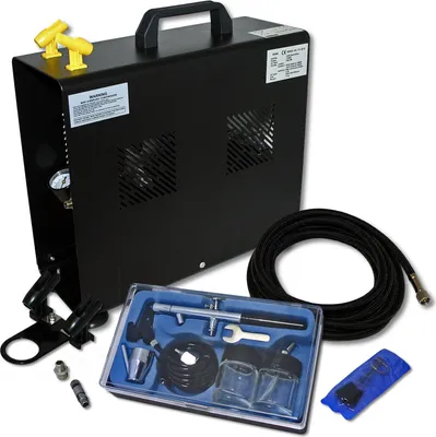 Produktbild von Wiltec Einsteiger Airbrush Kompressor Set AS196A mit 1 Airbrushpistole Typ 128 und umfangreichem Zubehör, 3 l Drucktank, für Modellbau, Tattoos, Nailart
