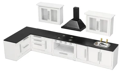 Productafbeelding van Keukenmeubelset 1:12 - 7 delen - Houten poppenhuismeubels - Miniatuur keukenaccessoires