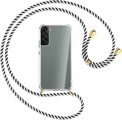 Produktbild von Handykette Backcover-Schutzhülle mit Band (Metall goldfarben) für Samsung Galaxy S22 Plus 5G (S906) - schwarz/weiß gestreift