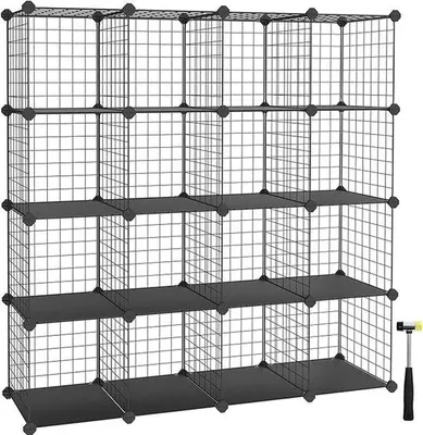 Produktbild von Azomor® Modulares Aufbewahrungssystem mit 16 Würfeln – Metall-Drahtaufbewahrungssystem – DIY-Gitterregal – Stapelbar & Anpassbar – Schwarz