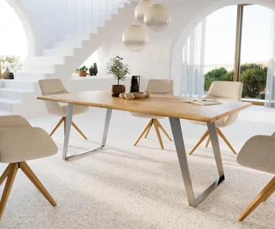 Produktbild von DELIFE Esstisch Edge 200x100x2,5-3 Eiche Natur Edelstahl Schräg Live-Edge