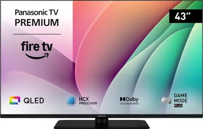 A Panasonic TV with various feature logos displayed on the screen.