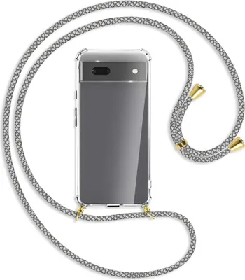 Produktbild von Handykette Backcover-Schutzhülle mit Band (Metall goldfarben) für Google Pixel 6a - weiß/grau kariert