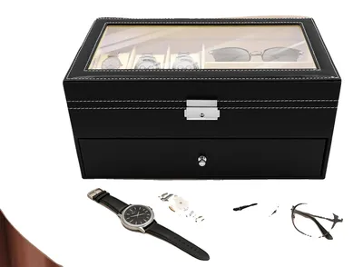 Image de Boîte de rangement pour lunettes, 6 compartiments pour montres, 9 compartiments, style rétro, organiseur de bureau, mécanisme de verrouillage