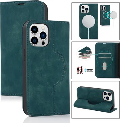 Produktbild von MagSafe Handy Tasche für Apple iPhone 13 Pro Max Handy Hülle Schutzhülle Wallet mit Kartenfächer und Aufstellfunktion Klapphülle Flip Cover Case Farbe: Grün