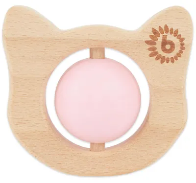 Produktbild von Bieco Katzen Beißring Holz mit Silikon Ball, Rosa, 7,5 cm | ab 0 Monate | Zahnungshilfe Baby | Baby Greifling Holz & Silikon | Beissring Für Baby Zum Zahnen | Motorikspielzeug Baby | Beißring Baby