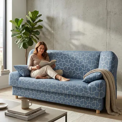 Produktbild von Schlafsofa SARA Design – mit Schlaffunktion und Bettkasten, Webstoff in Blau, Family Meble, KI-generiertes Bild