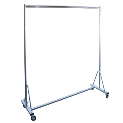 A silver metal clothing rack on wheels against a white background.
