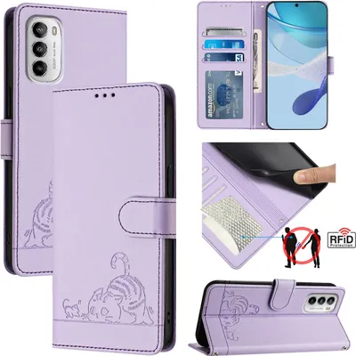 Produktbild von Leder Hülle für Motorola Moto G (2022) Süße Katze Flip Case Brieftasche Schutzhülle mit Standfunktion Lila