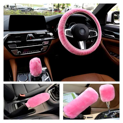 Produktbild von 3 Stück Auto Universal Lenkradabdeckung Handbremse Schaltabdeckung und Lenkradschoner Winter Lenkradschutz Rosa rutschfeste Warme Lenkradhülle Autozubehör 35–39 cm