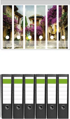 Produktbild von Wallario 6 Stück breite Ordner inkl. Klebeetiketten mit Motive Malerische Stadt in der Provence mit bunten Blumen -  Set mit Rückenschildern / Ordnerrücken Stickern