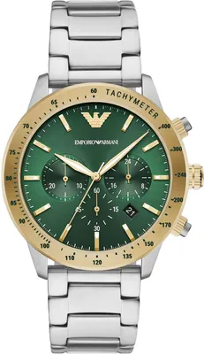A close-up, studio shot of an Emporio Armani chronograph watch with a green dial and gold bezel, set against a white background.