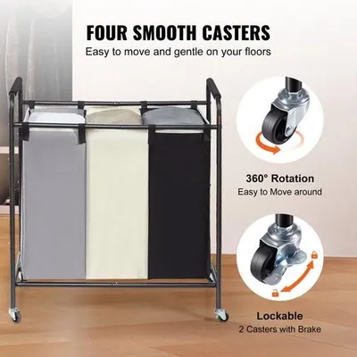 Immagine prodotto di Carrello portabiancheria a 3 pezzi, smistatore commerciale per biancheria, capacità di carico 15 kg, raccoglitore per biancheria Carrello portabiancheria in tessuto Oxford, separatore avvolgibile per biancheria, sistema mobile di smistamento biancheria, cesto portabiancheria, armadio portabiancheria