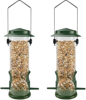 Productafbeelding van Ibenzoa® Hangende vogelvoederstation van metaal, met 2 voederaantrekkingen, 30 x 8 x 30 cm, 0,5 kg, weerbestendig en eekhoerenvrij