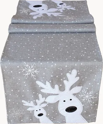 Produktbild von Tischwäsche Tischläufer Stickerei lustiger Elch Winter Weihnachten Deko 40 x 140 cm - hellgrau