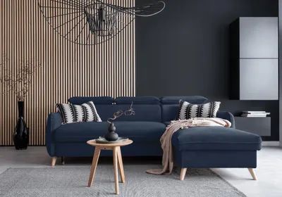 Produktbild von MIUFORM Sweet Harmony - Ecksofa mit Bettfunktion und Bettkasten L-FORM RECHTS - 228x162cm - Velours Marineblau - Sofa Schlafsofa Couch