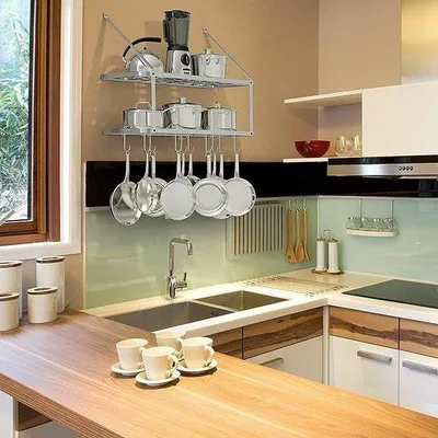 Image de Étagère murale avec support pour casseroles, 34,7 x 29,5 x 10,6 cm, en acier inoxydable
