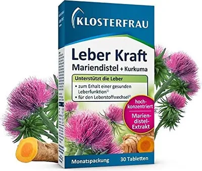 A product box for Klosterfrau Leber Kraft with images of milk thistle and turmeric.